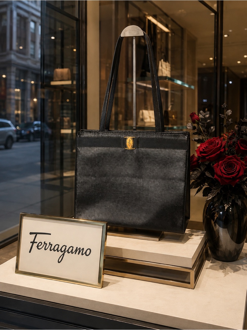 Salvatore Ferragamo Black Leather Tote with Gold Accent